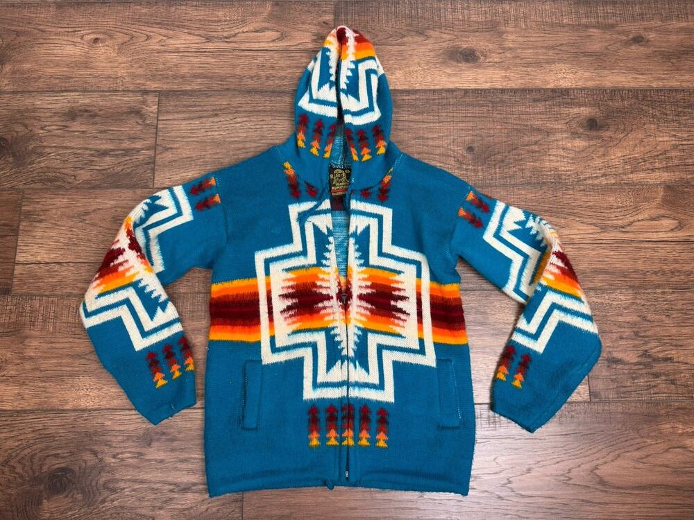 VINTAGE Tejidos Ruminahui Teal Aztec Alpaca Wool Hooded Sweater Jacket S